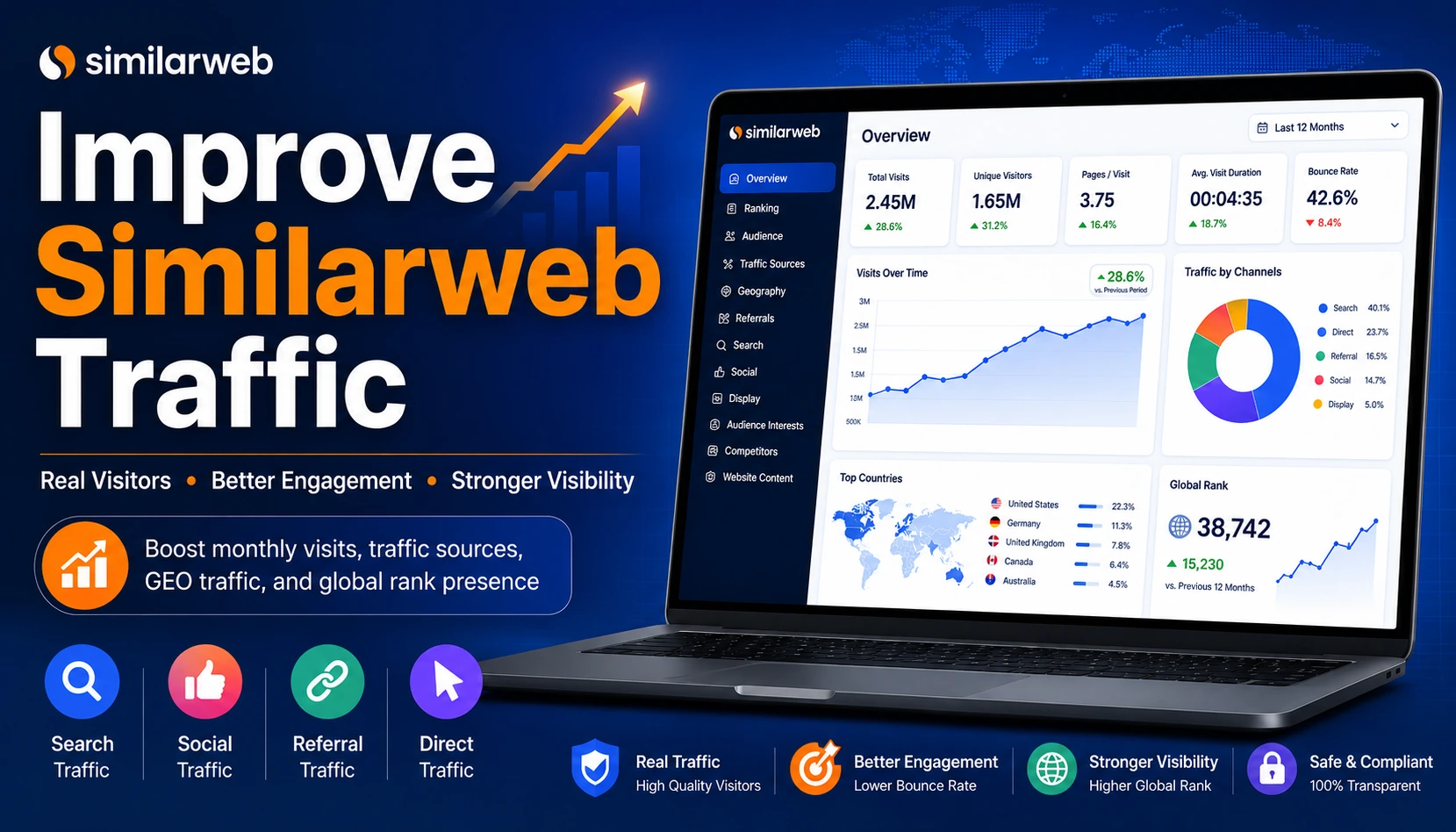 Blue and orange analytics dashboard showing Similarweb traffic growth